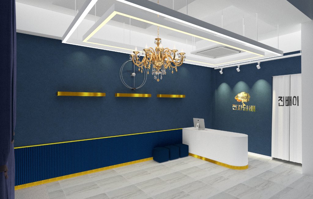 책상 배치와 템바보드 마감으로 완성된 계산대 공간